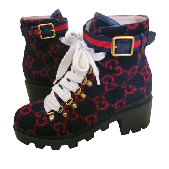Gucci GG Monogram Navy Blue Red Lace Up Combat Web Platform Ankle Boots 7.5 37.5 - Picture 1 of 14